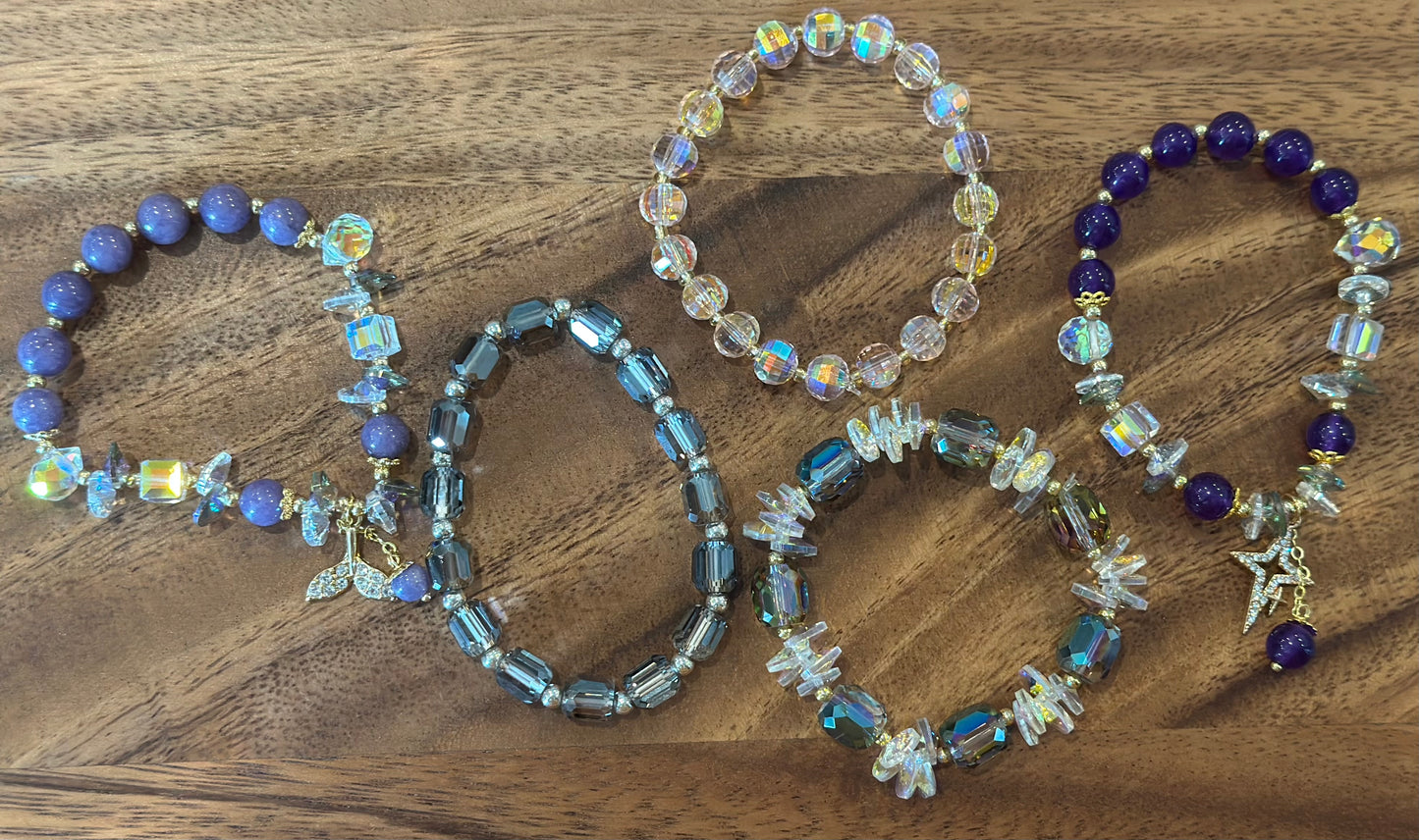 5 Luxe Glass Crystal Bead Bracelets (Handmade)