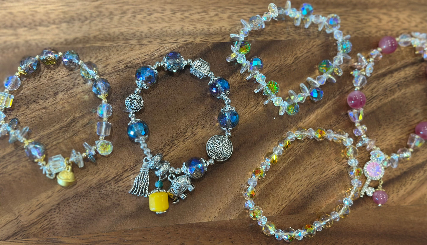 5 Luxe Glass Crystal Bead Bracelets (Handmade)