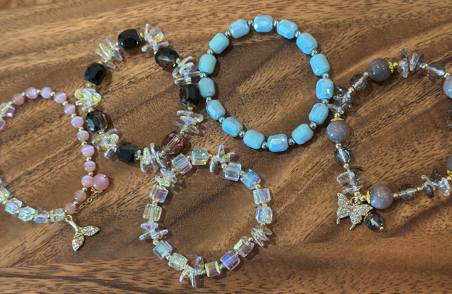 5 Luxe Glass Crystal Bead Bracelets (Handmade)