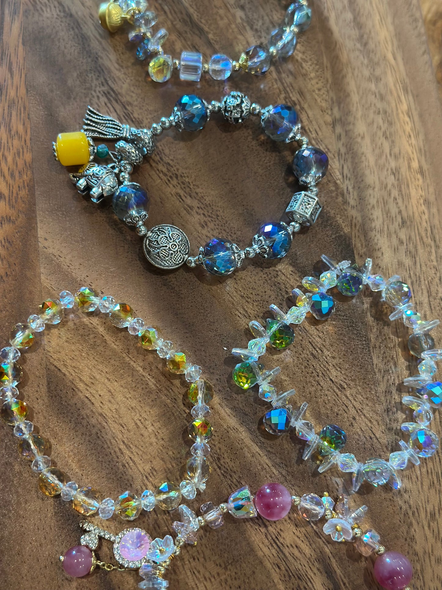 5 Luxe Glass Crystal Bead Bracelets (Handmade)