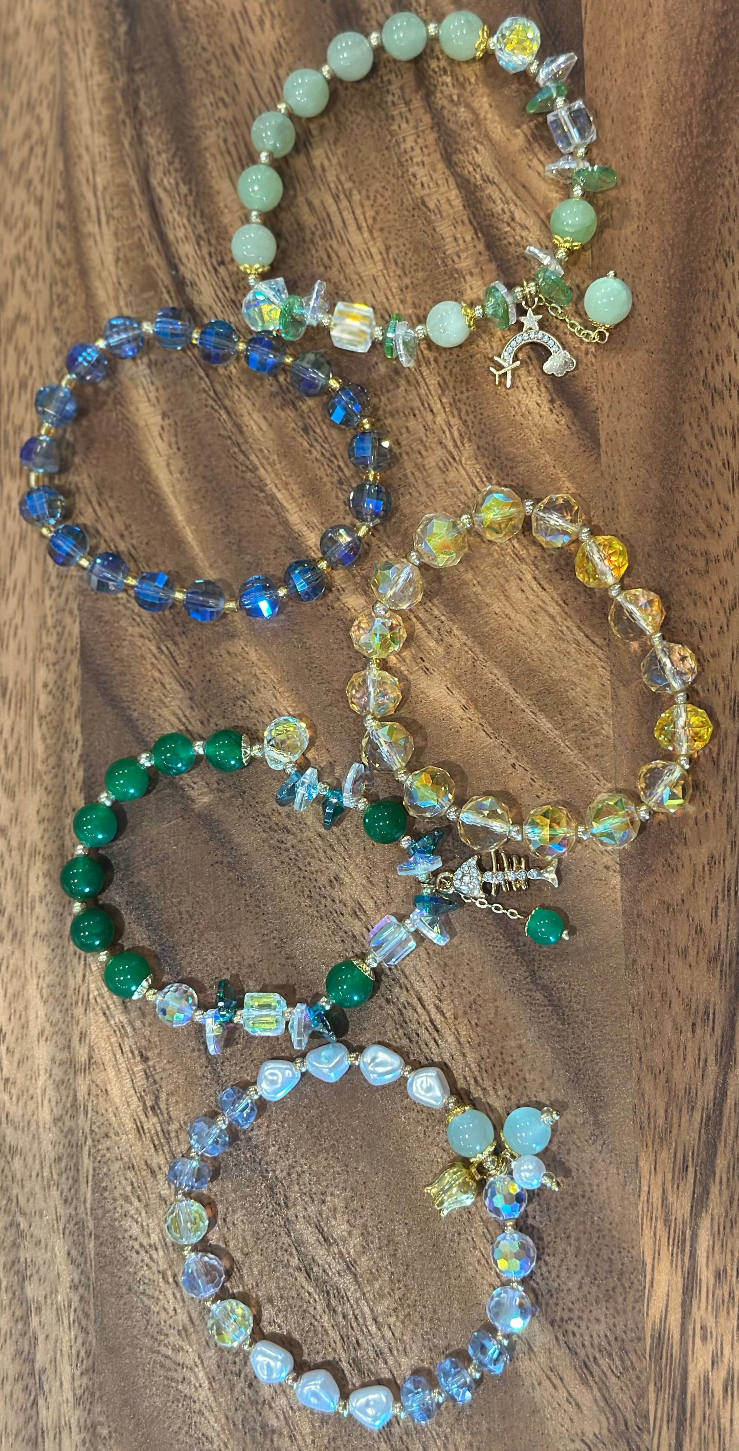 5 Luxe Glass Crystal Bead Bracelets (Handmade)
