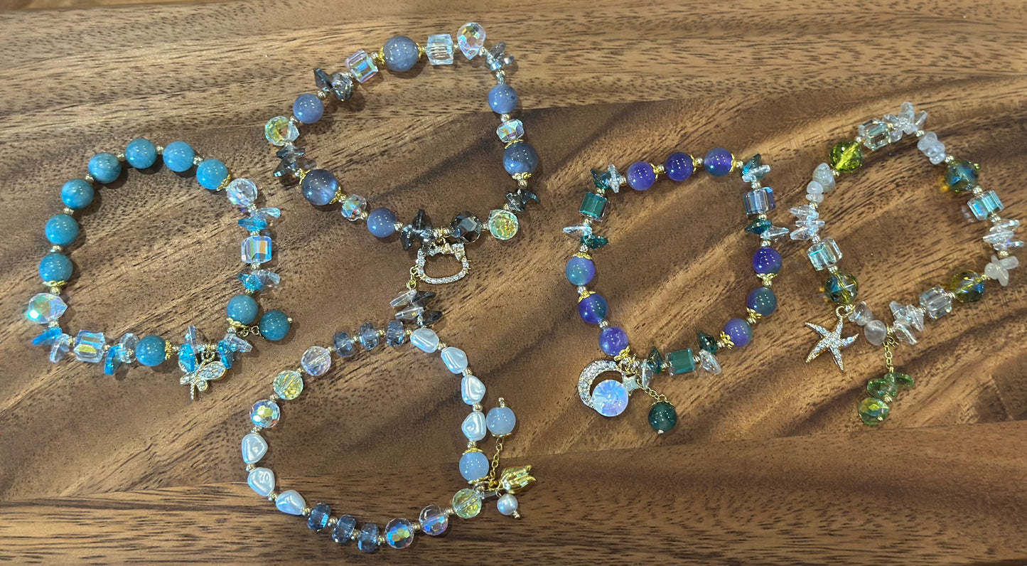 5 Luxe Glass Crystal Bead Bracelets (Handmade)