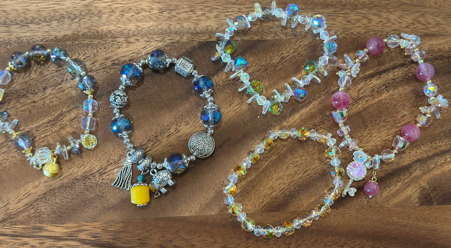5 Luxe Glass Crystal Bead Bracelets (Handmade)