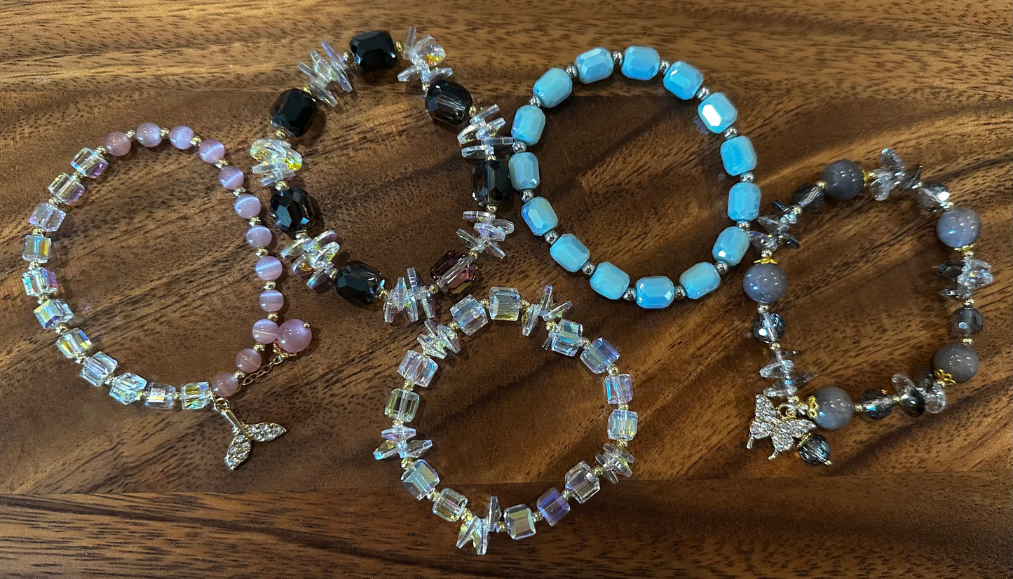 5 Luxe Glass Crystal Bead Bracelets (Handmade)
