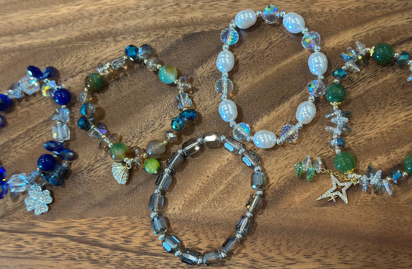 5 Luxe Glass Crystal Bead Bracelets (Handmade)