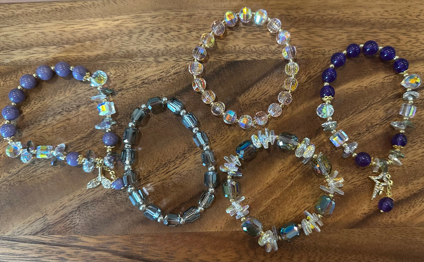 5 Luxe Glass Crystal Bead Bracelets (Handmade)
