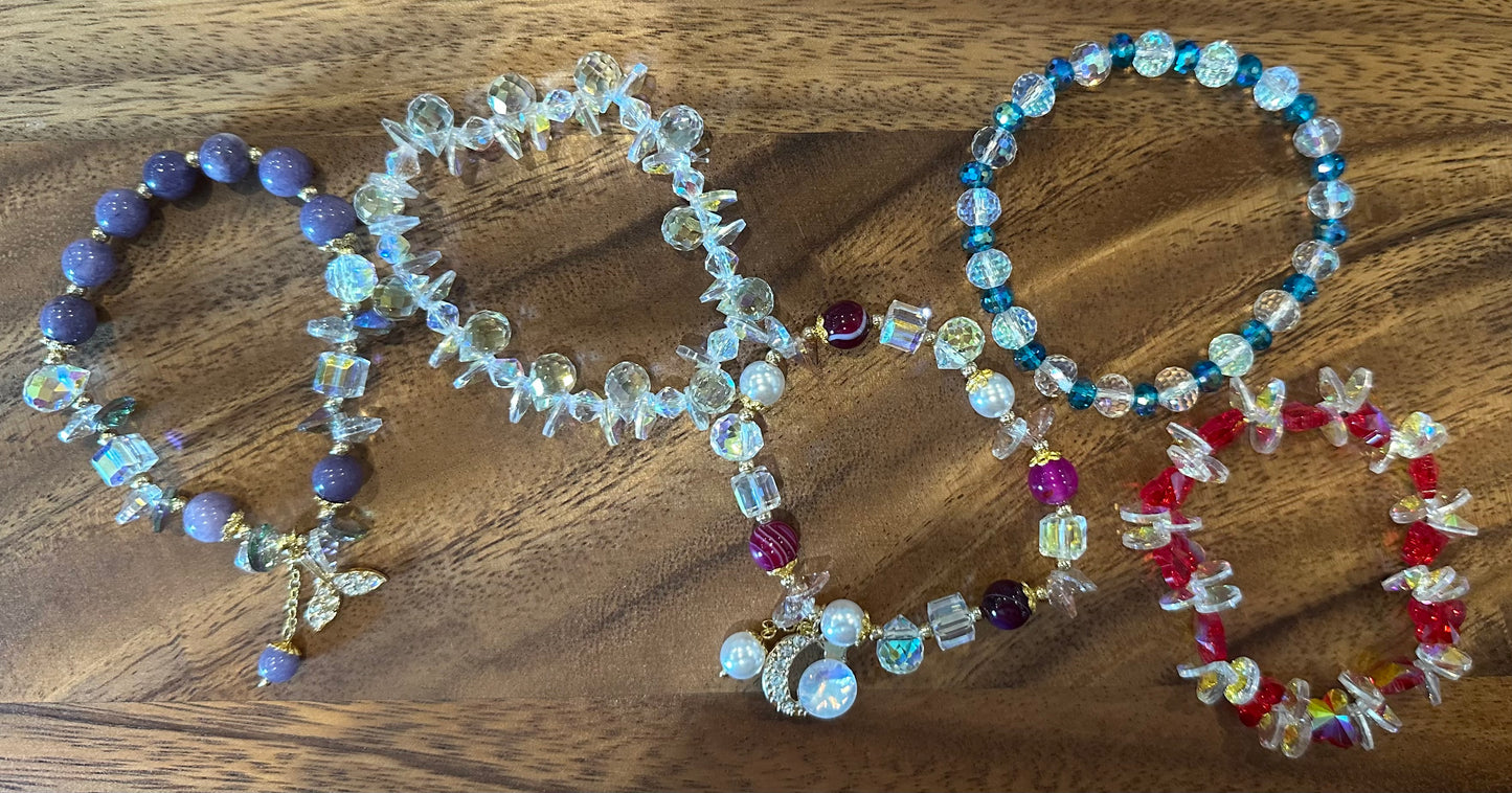 5 Luxe Glass Crystal Bead Bracelets (Handmade)