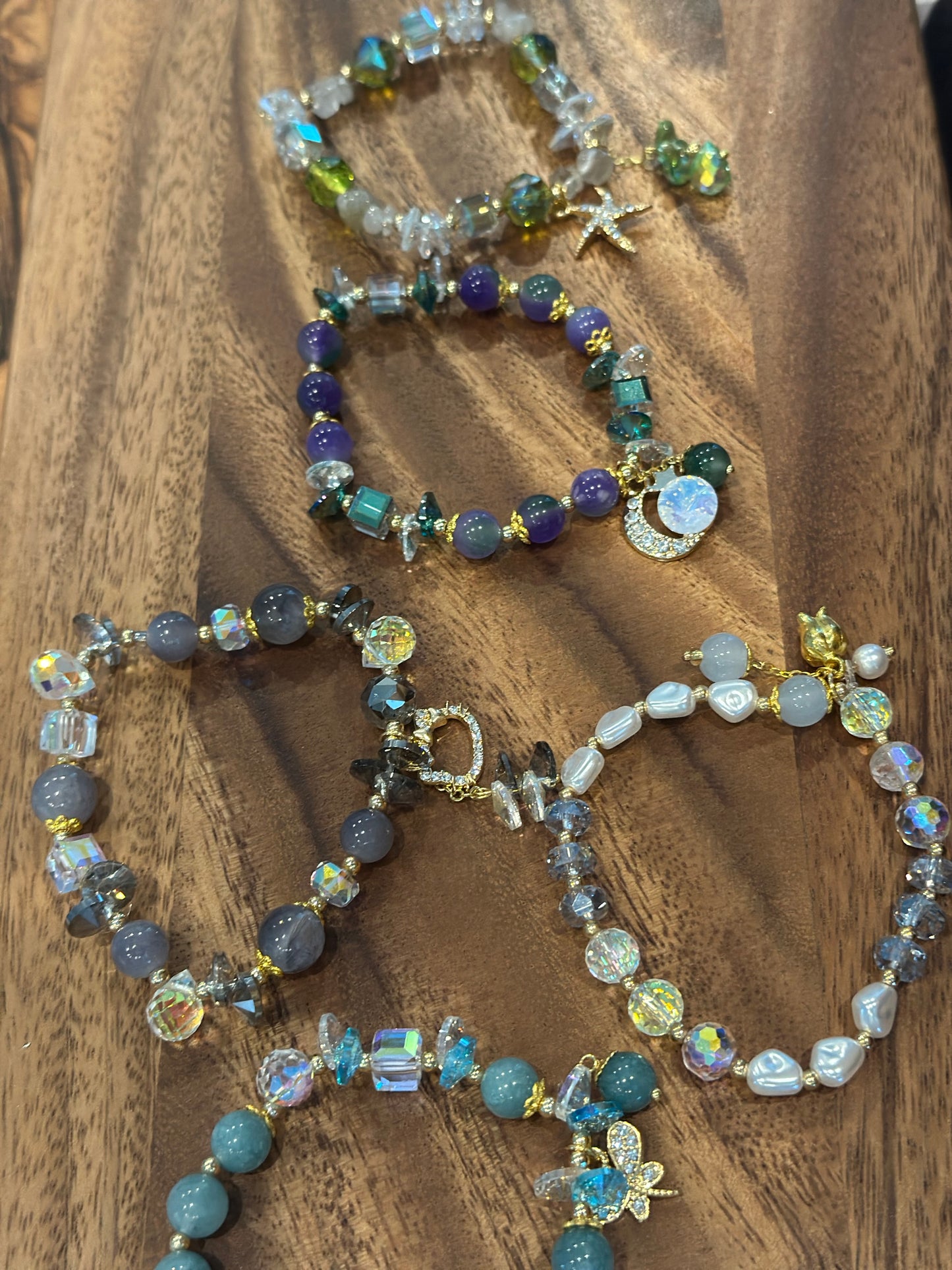5 Luxe Glass Crystal Bead Bracelets (Handmade)