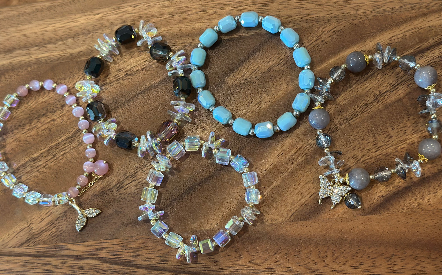 5 Luxe Glass Crystal Bead Bracelets (Handmade)