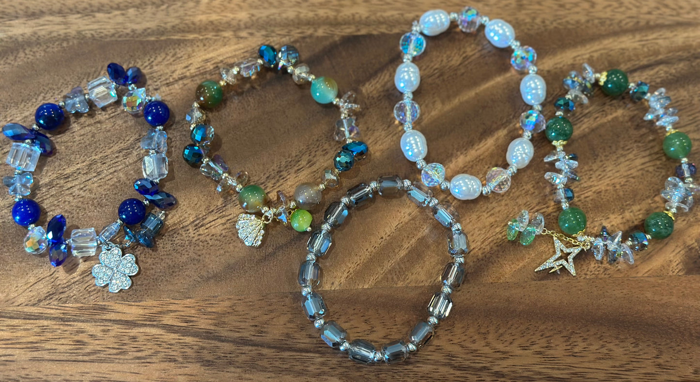 5 Luxe Glass Crystal Bead Bracelets (Handmade)