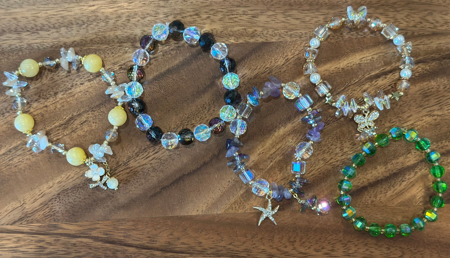 5 Luxe Glass Crystal Bead Bracelets (Handmade)