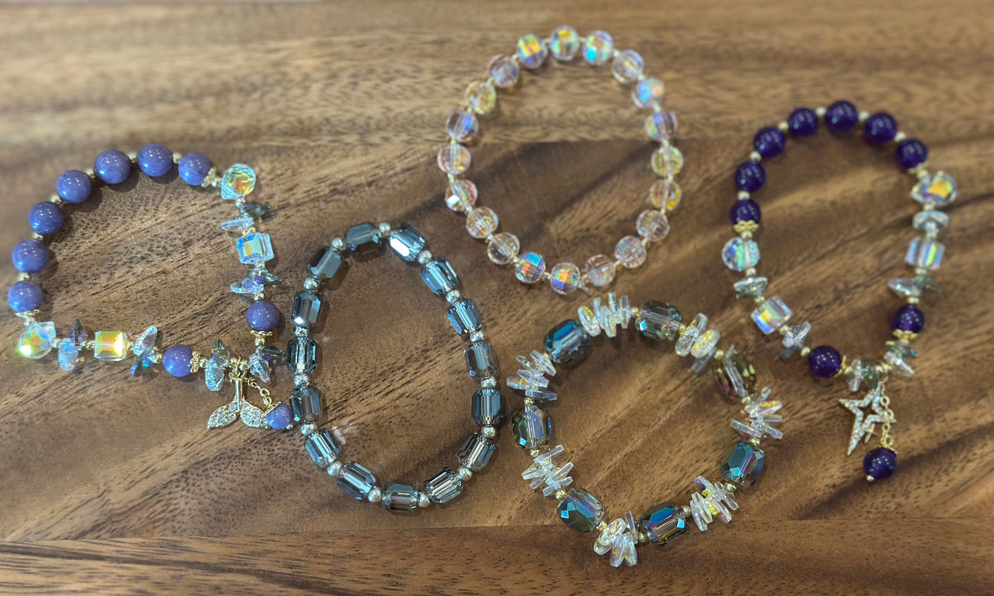 5 Luxe Glass Crystal Bead Bracelets (Handmade)
