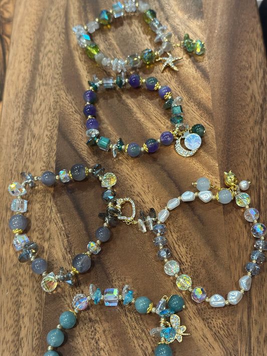 5 Luxe Glass Crystal Bead Bracelets (Handmade)