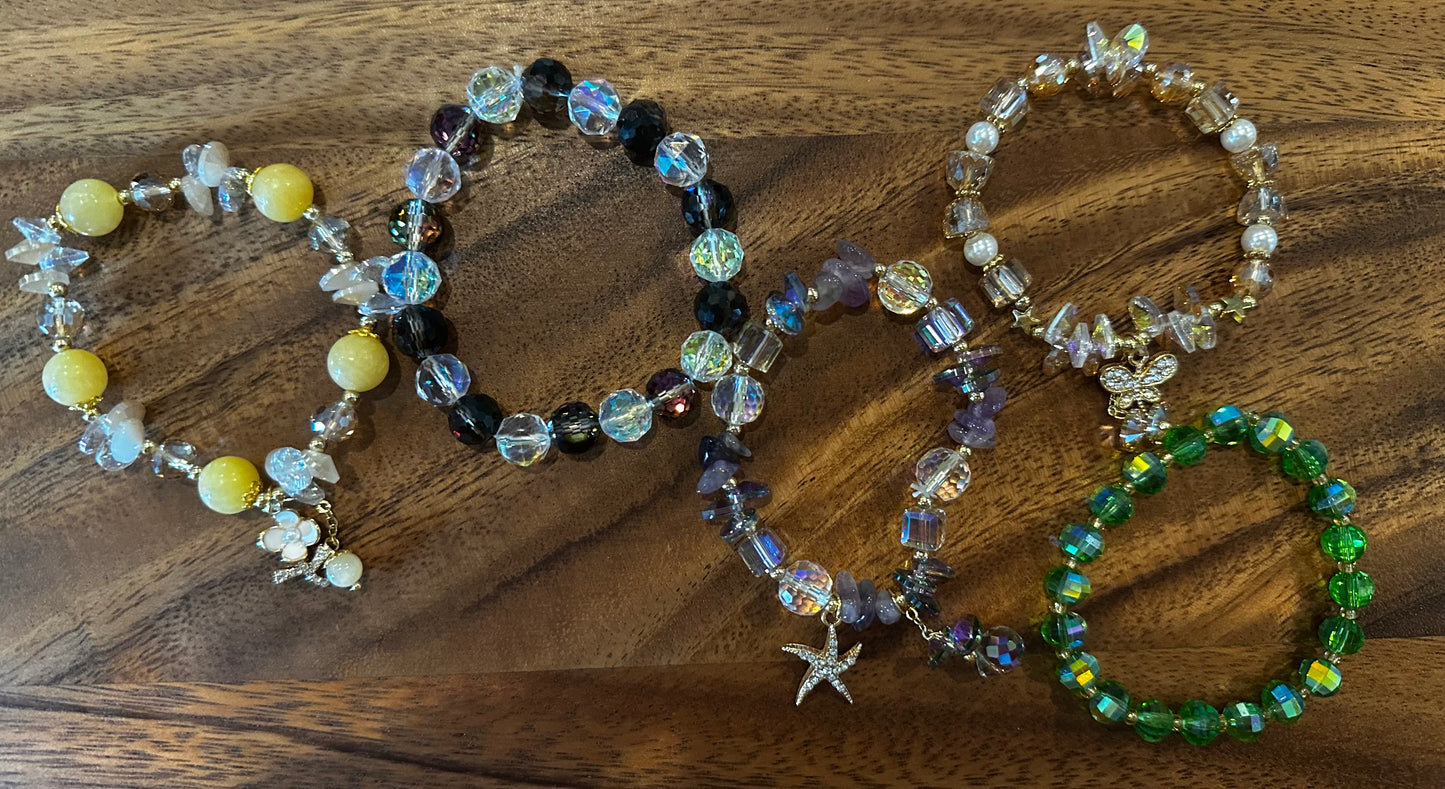 5 Luxe Glass Crystal Bead Bracelets (Handmade)